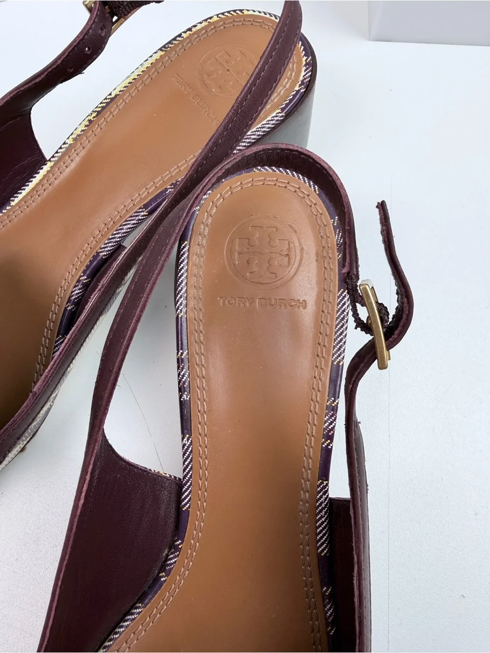 Tory Burch Mini Benton Charm Slingback Loafers Size 10.5 Plaid Burgundy